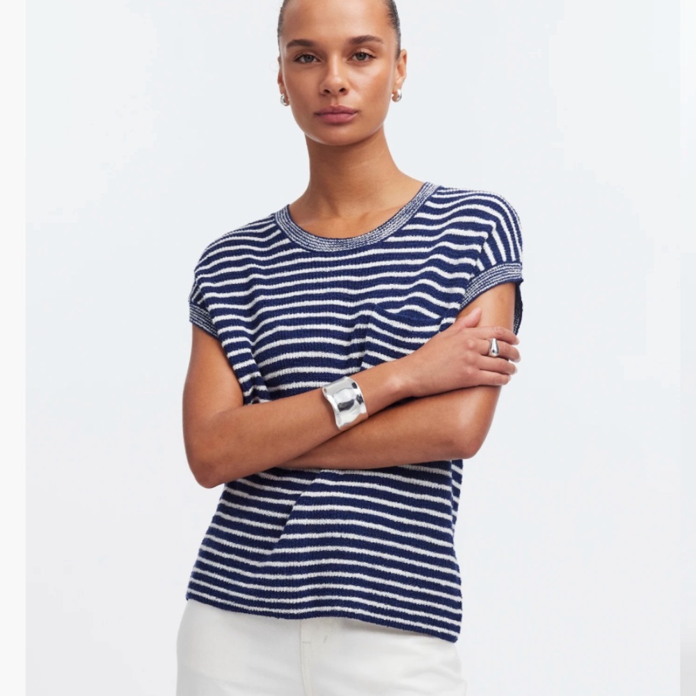 Madewell ribbed pocket sweater tee, blue/white stripe, XS
